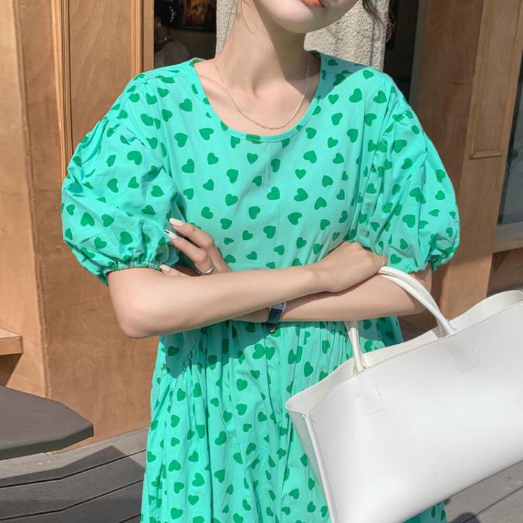 all in one place בגדי נשים Korean Chic Summer Sweet Dress Age Reduction Love Print Round Neck Back Hollow Woman Dress Lace Up Loose Bubble Sleeve Dress
