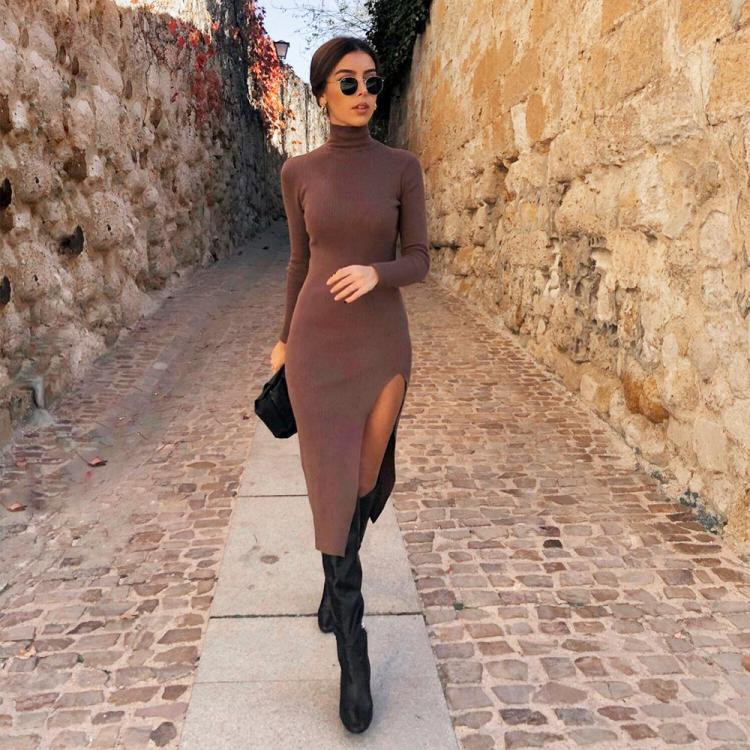 all in one place בגדי נשים 2021 Dress Women Long Sleeves High-Neck Elastic Midi Dress Fashion Elegant Chic Lady Knit Sweater Dresses Women robe femme