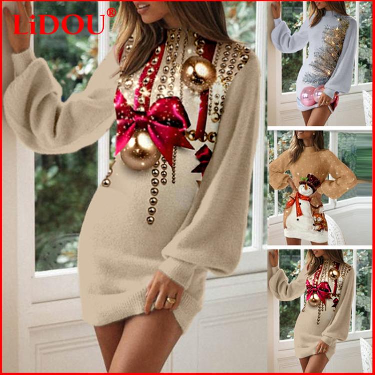 all in one place בגדי נשים Fashion Mini Dress Christmas Printed Dresses For Women Bag Hip Long Sleeves O-Neck Vestidos De Mujer Slim Female T-shirt Dress