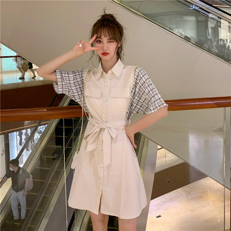 all in one place בגדי נשים Sisters Outfit Girlfriends Clothes French Minority Platycodon Grandiflorum False Two-Piece Patchwork Plaid Dress Women's Summ