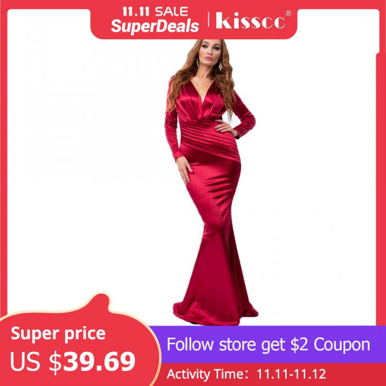 all in one place בגדי נשים Deep V Neck Full Sleeved Pleated Long Evening Party Dress Stretch Satin Floor Length Event Gown Prom Robe