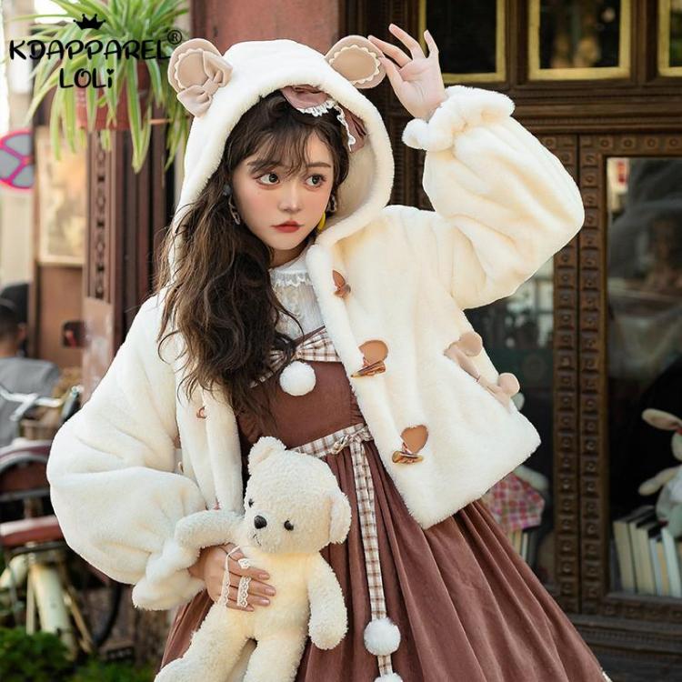 all in one place בגדי נשים Autumn Winter Furry Teddy Short Jacket Women Sweet Teens Girls Warm JK Hooded Coat Lolita Thick Top Bear Ear Design Birthday New