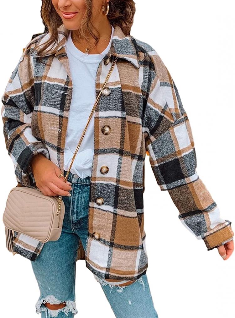 all in one place בגדי נשים Yeokou Women's Fall Color Block Plaid Flannel Shacket Jacket Button Down Shirt Coat Tops