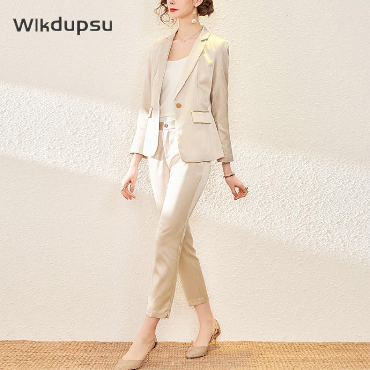 all in one place בגדי נשים Women's Pants Blazer Satin Clothing Office Lady Work Chic Korean Formal OL Professional Two Piece Suit Pantsuit Female Plus S