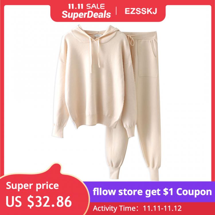 all in one place בגדי נשים ins 2 Pieces Set Women Knitted Tracksuit hooded Sweater + Harem Pants Pullover 2021 Sweater Set CHIC Knitted hooded top