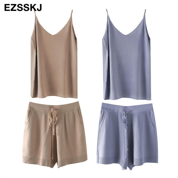 all in one place בגדי נשים knit camisole +short 2 Pieces Set 2021 women chic  casual Knitted Pullover top +  knit pants  Jumper Tops+ short suits PJ2102