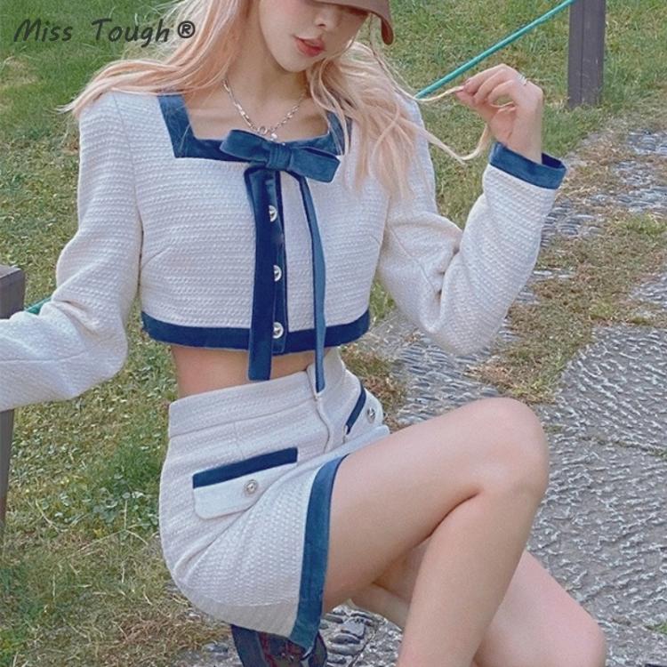all in one place בגדי נשים Autumn Kawaii Two Piece Set Women Korean Fashion Patchwork Party Mini Skirt Suit Female Long Sleeve Bow Designer Skirt Set 2021