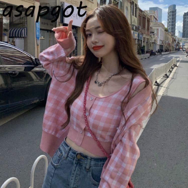 all in one place בגדי נשים Fashion Pink Plaid Cardigan Sweaters Women Autumn New Loose Long Sleeve Tops Chic Korean Wild Camisole 2 Piece Sets Sweet Gentle