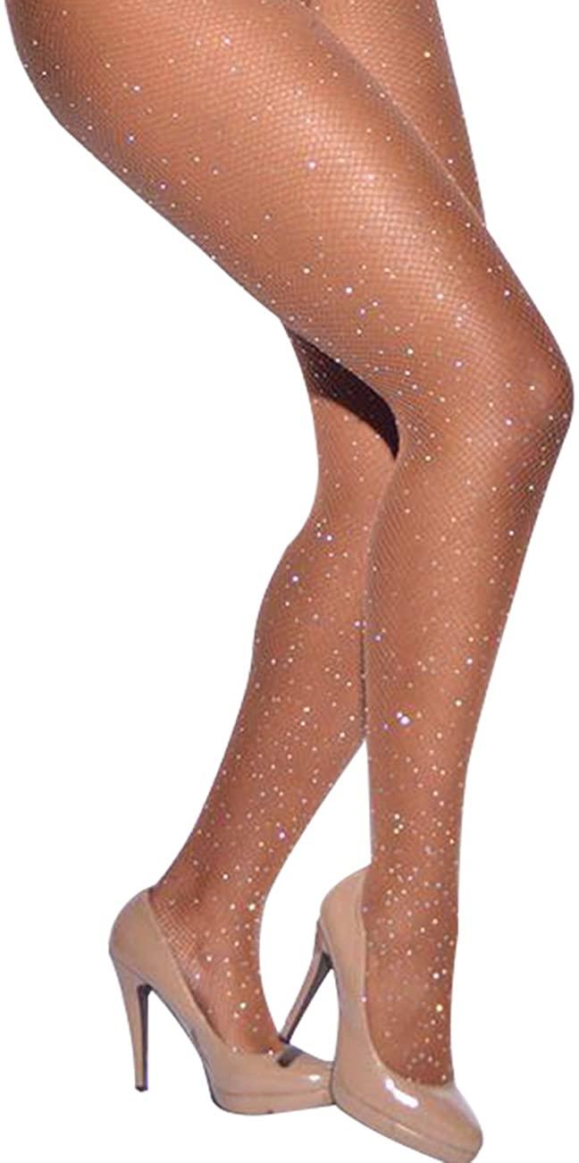 all in one place בגדי נשים CHRLEISURE Women's Sparkle Rhinestone Fishnets Sexy Tights High Waist Stockings