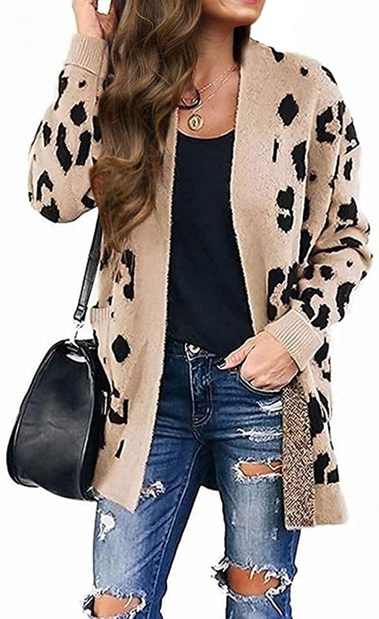 all in one place בגדי נשים ZESICA Women's Long Sleeves Open Front Leopard Print Knitted Sweater Cardigan Coat Outwear with Pockets