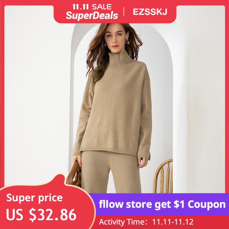 all in one place בגדי נשים ins 2 Pieces Set Women Knitted Tracksuit Turtleneck Sweater + straight  Pants Pullover 2021  Sweater Set CHIC Knitted Outwear