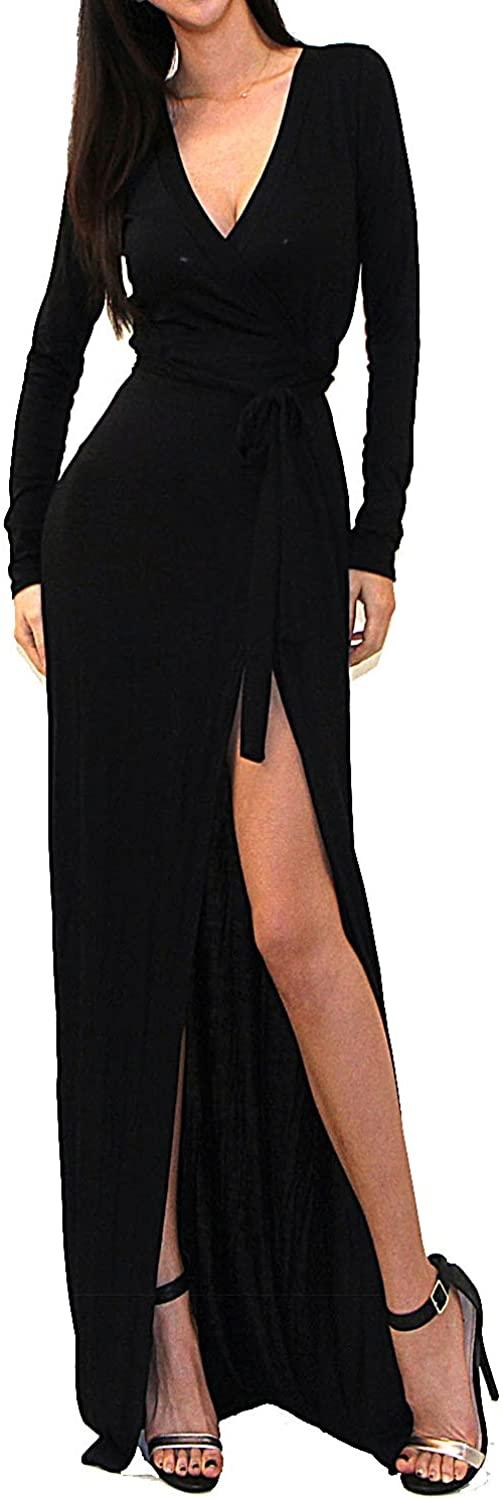 all in one place בגדי נשים Vivicastle Women's Sexy Long Sleeve Tulip Wrap Slit Front Full Long Maxi Dress