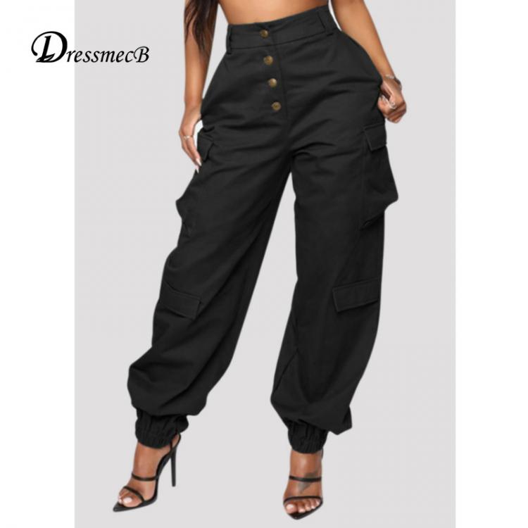 all in one place בגדי נשים Dressmecb Solid Black Casual Trouser Women Pockets HIgh Waist Button Long Pencil Pants Autumn Streetwear Loose Cargo Pants 2021