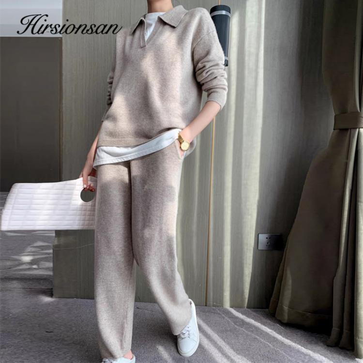 all in one place בגדי נשים Hirsionsan Cashmere Turn Down Neck Knitted Sets Women 2021 Winter Casual Two Pieces Sweater and Pants Loose Outfits Tracksuit