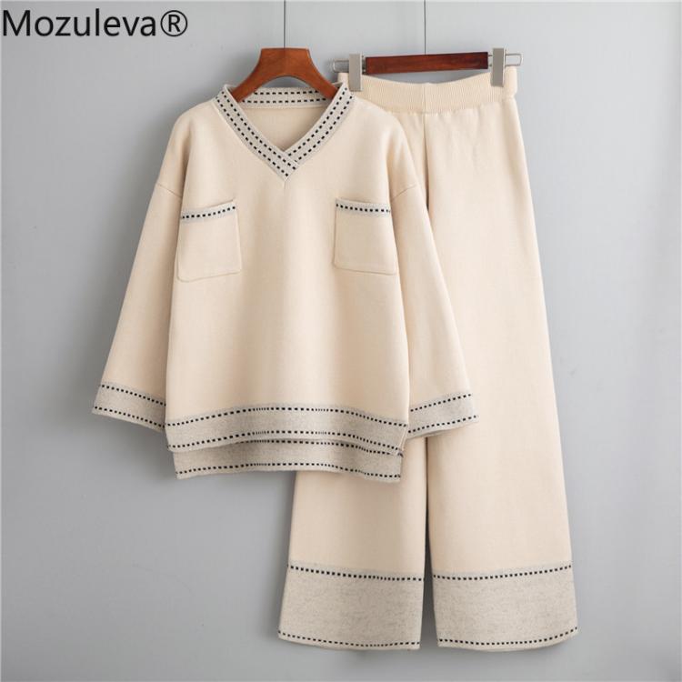all in one place בגדי נשים Mozuleva 2021 Winter Loose Knitted 2 Piece Set Women Tracksuit New Autumn Wide Legs Pant Suit Pullovers Sweater Set Knitted Suit