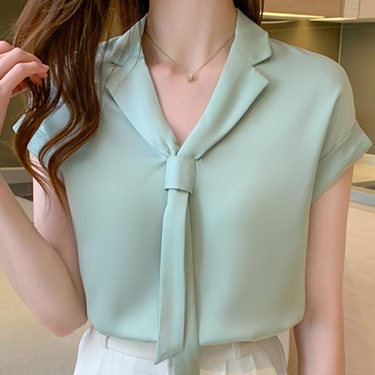 all in one place בגדי נשים Blusas Blouses Tops Women Short Sleeve Blouse Women Bow V-Neck Chiffon Blouse Shirt Blusas Mujer De Moda 2021 Women Shirts E935