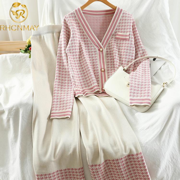 all in one place בגדי נשים New Autumn Fashion Women Long-sleeve Plaid Knitwear Cardigan Tops + Loose Wide-Leg Trousers Casual Knitting Two Piece Set Female