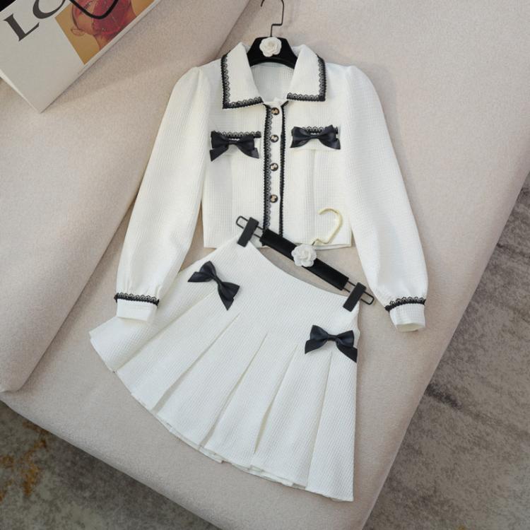 all in one place בגדי נשים Autumn Small Fragrance Two Piece Set Women Crop Top Bow Short Jacket Coat + Pleated Mini Skirts Sets Korean Sweet 2 Piece Suits