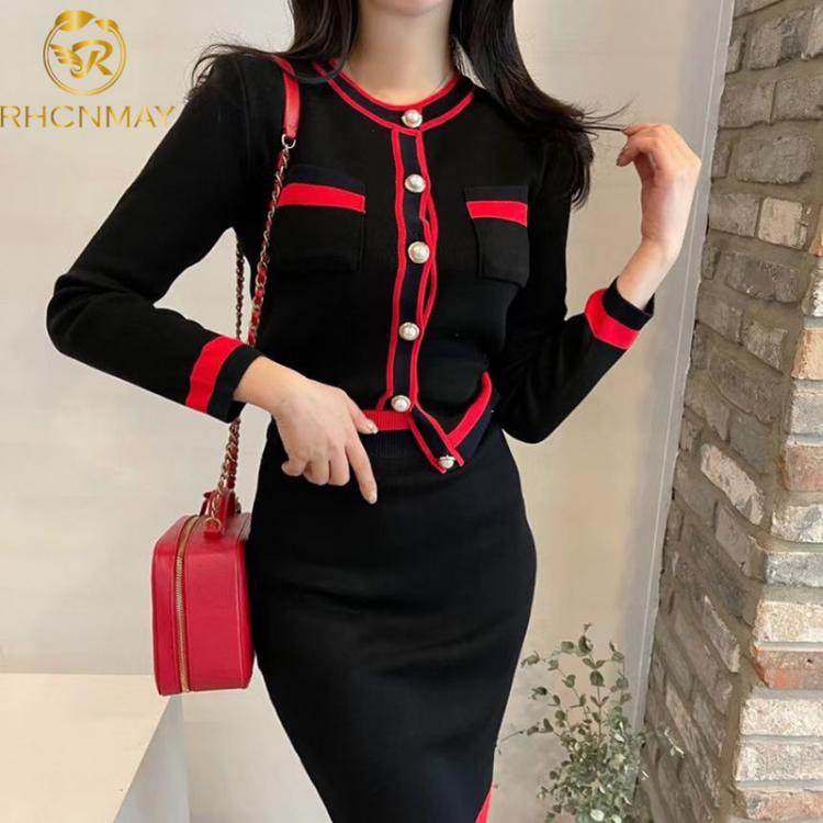 all in one place בגדי נשים New Autumn Women Fashion Designer Skirt Set Long Sleeve Pockets Tops + High Waist Knee Skirt Knitting 2 Two Pieces Suits
