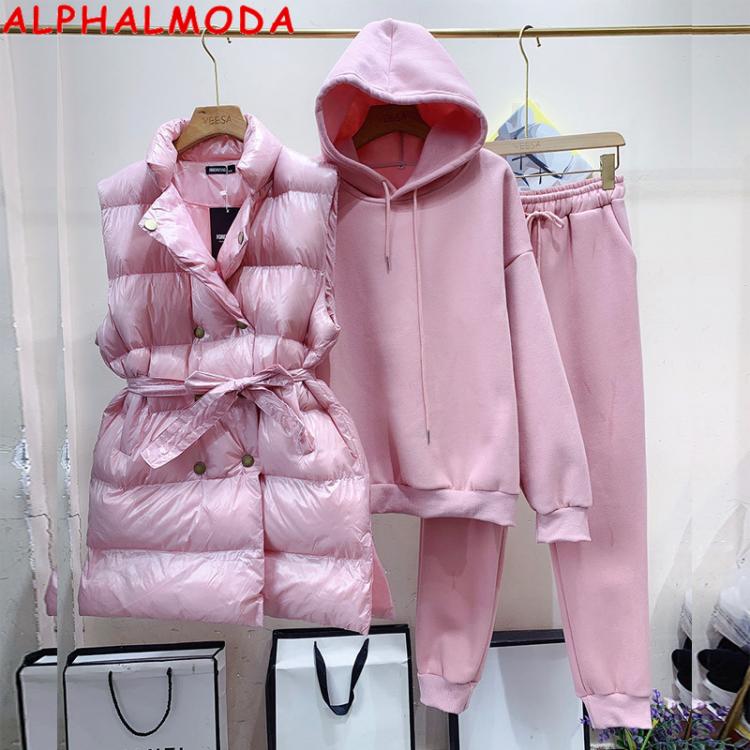 all in one place בגדי נשים ALPHALMODA 2021 Winter New Double Breasted Padded Vest + Hooded Fleeced Thickened Sweatshirt + Pants 3pcs Suit Warm Clothes Set