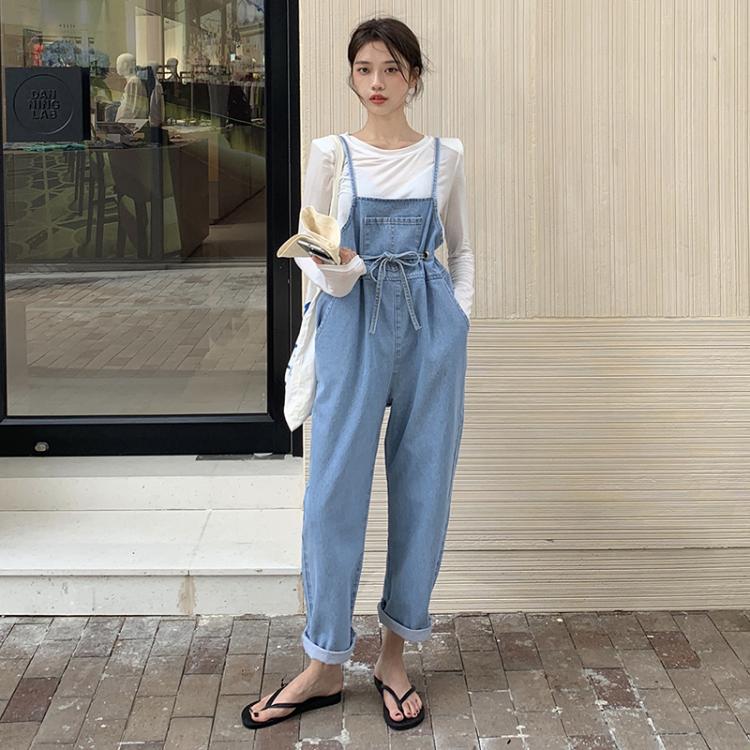 all in one place בגדי נשים Spring 2021 New Korean Style Tight Waist Slimming Sense of Design All-Match Lace-up Denim Suspender Trousers Women's Pants