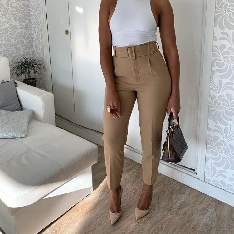 all in one place בגדי נשים Women's Pants High Waist With Belt Classic Pockets Office Lady Ankle-length Trousers Female 2021 Spring Fashion Pink Harem Pa