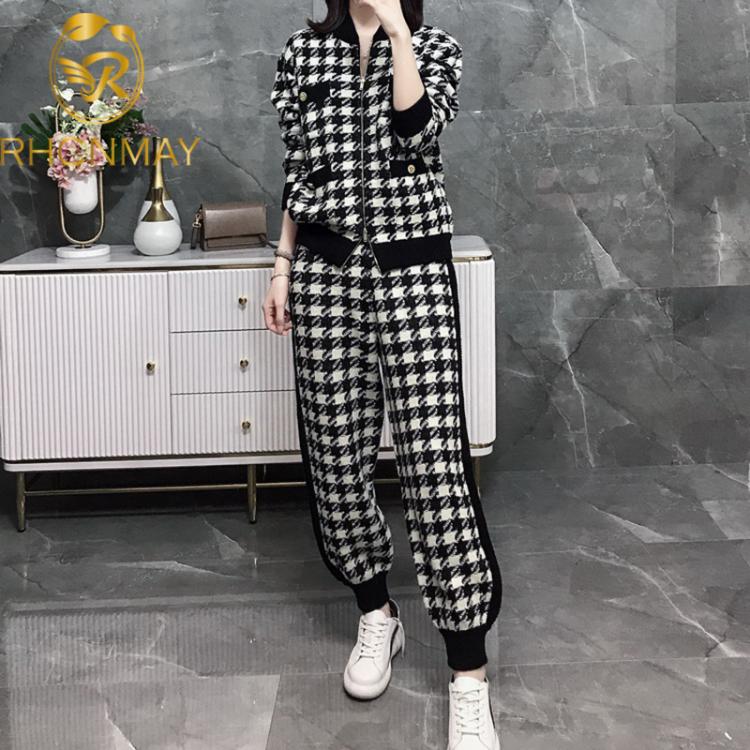 all in one place בגדי נשים Women Fall Knit Sweatshirts Suit Knitted Tracksuit Houndstooth Black 2 Piece Set Zipper Plaid Cardigan Coats Pants Two Piece Set