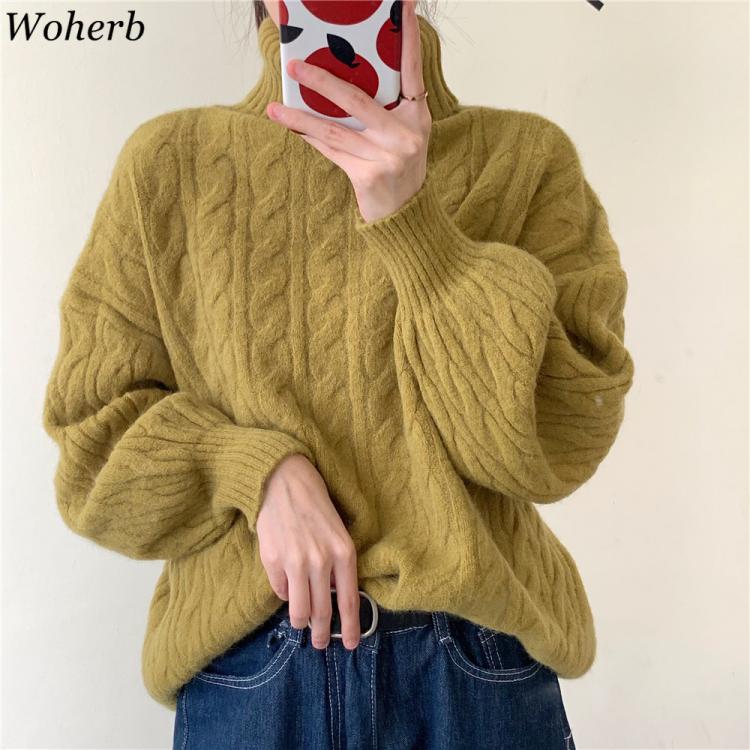 all in one place בגדי נשים Woherb Chic Casual Sweater Woman Autumn Winter Retro Turtleneck Wild Loose Thick Knit Pullover 2021 All Match Solid Jumper Pull