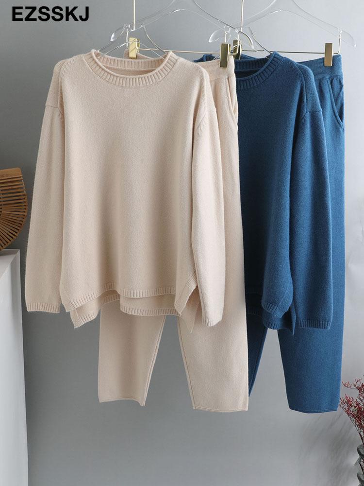 all in one place בגדי נשים 2021 2 Pieces Set Women Knitted Tracksuit O-neck Sweater + Granny pants Sweater Set female Knitted sweater suit Homewear sweater