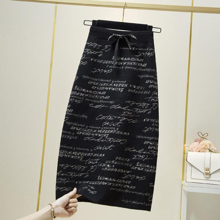 all in one place בגדי נשים Soft Core-Spun Yarn Skirt Women Midi Letters Knit Skirts High Waist Autumn Spring Waistbelt Stretchy Green Beige Clothing