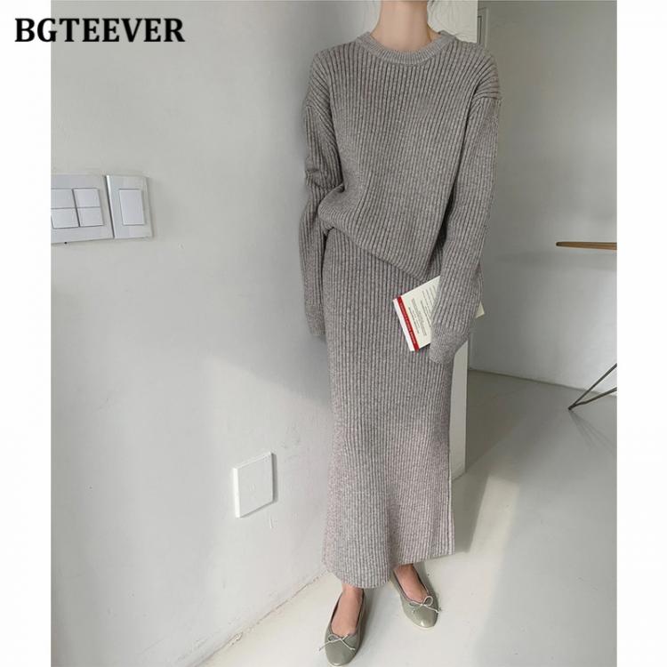 all in one place בגדי נשים BGTEEVER Casual Women Knitted Skirt Set O-neck Full Sleeve Pullovers Elastic Waist Skirts 2021 Autumn Winter Women Sweater Set