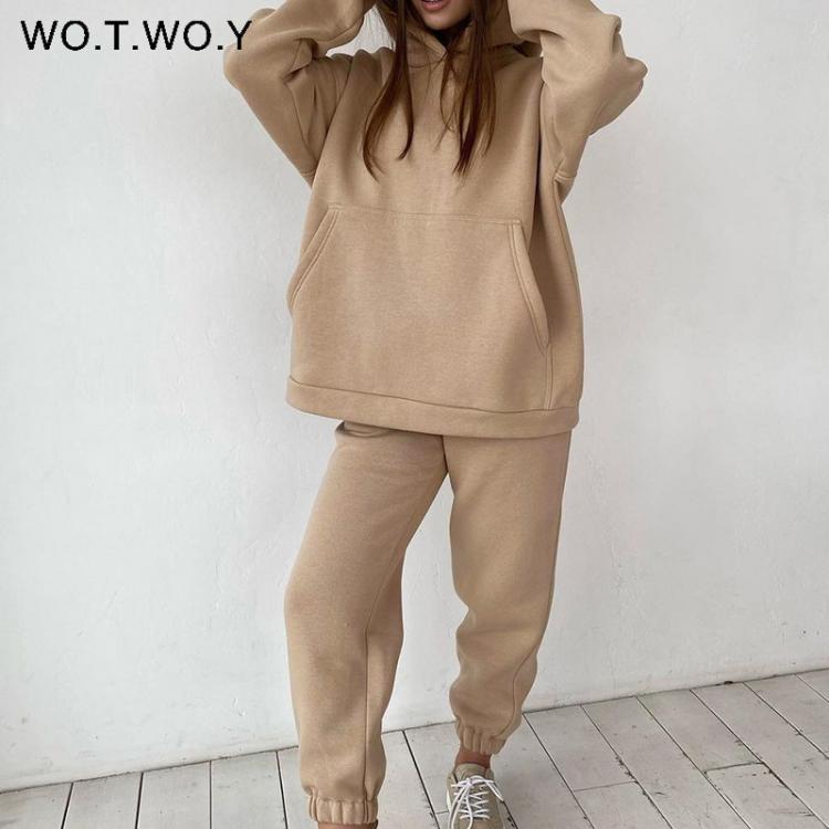 all in one place בגדי נשים WOTWOY Thickened Fleece Hooded Sweatshirt and Pants Two Pieces Set Women Autumn Winter Warn Hoodies Casual Solid Sweatpants 2021