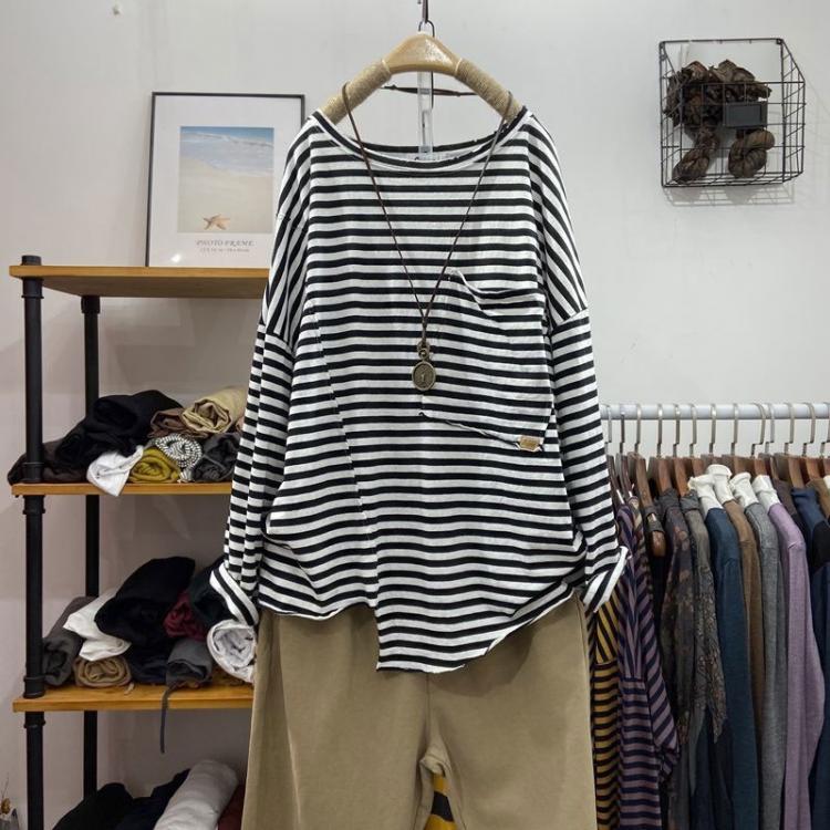 all in one place בגדי נשים Spring Autumn Fashion Women Long Sleeve Loose Casual Tshirt 100% Cotton Big Pockets O-neck Striped Tee Shirt Femme Tops V218