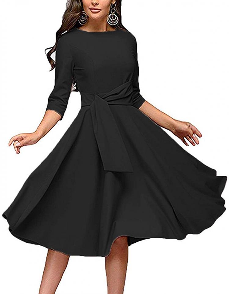 all in one place בגדי נשים Women's Elegance Audrey Hepburn Style Ruched Dress Round Neck 3/4 Sleeve Sleeveless Swing Midi A-line Dresses