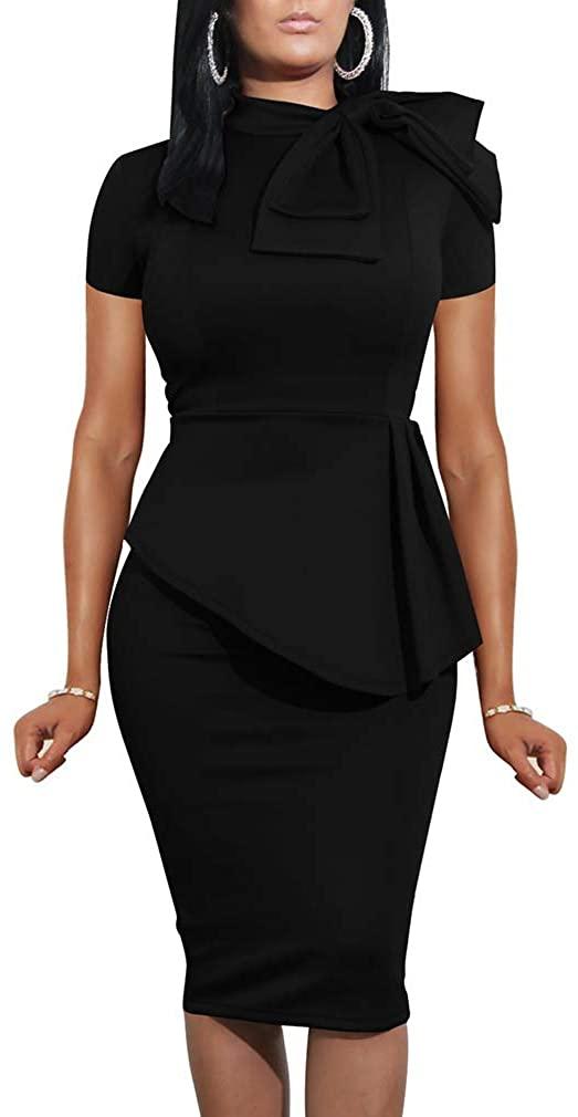 all in one place בגדי נשים LAGSHIAN Women Fashion Peplum Bodycon Short Sleeve Bow Club Ruffle Pencil Party Dress