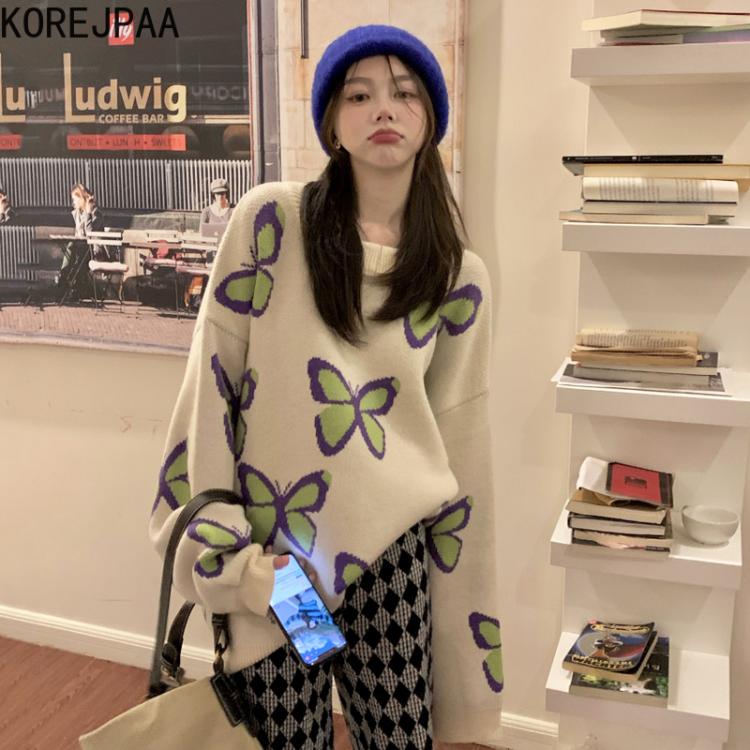 all in one place בגדי נשים Korejpaa Butterfly Print Sweater Women Lazy Style Autumn Winter 2021 New Retro Long-sleeved Knitted Top Outwear Elegant Casual