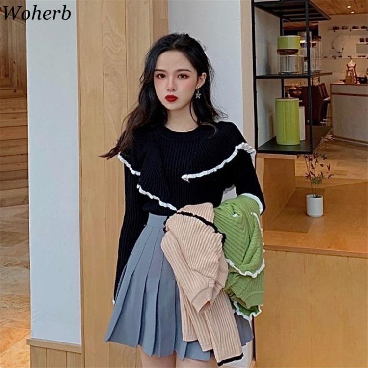 all in one place בגדי נשים Woherb Korean Bottoming Knit Sweater 2021 New Korean Style Flounced Stitching Pullover Sweaters Slim Warm Thick Knitted Tops