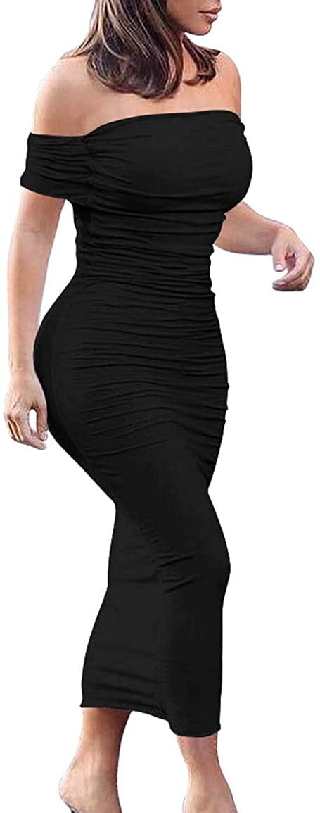 all in one place בגדי נשים GOBLES Women's Ruched Off Shoulder Short Sleeve Bodycon Midi Elegant Cocktail Party Dress