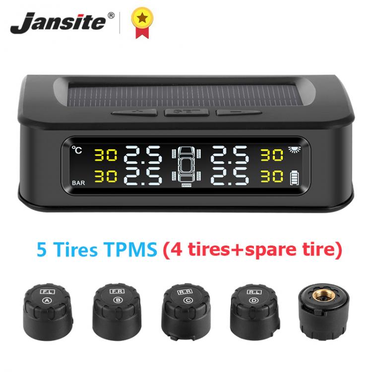 all in one place אלקטרוניקה Jansite TPMS Car 5 Tire sensors Pressure Alarm Monitor System Display Solar charge pressure control Warning with Externa sensors