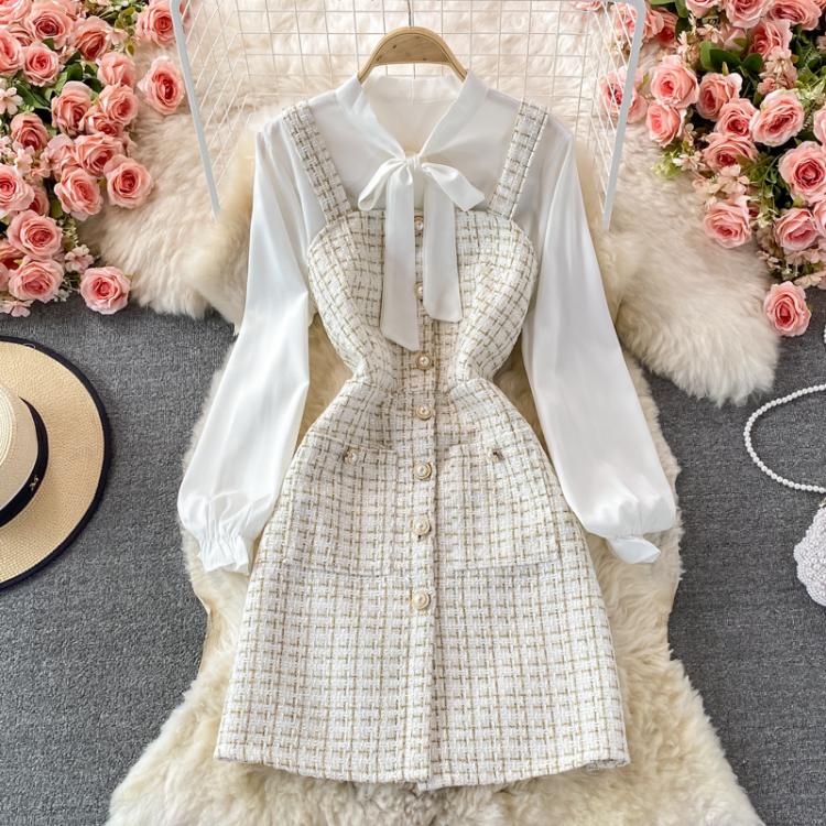 all in one place בגדי נשים Women Two Piece Set 2021 Korean Fashion Bowtied Collar White Blouse and Spaghetti Strap Single Breasted Mini Tweed Dress Suits