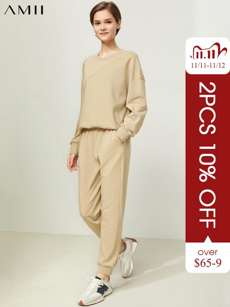 all in one place בגדי נשים Amii Minimalism Women's Set Fashion Loose Women Sweatshirt High Waist Sport Pants Trousers Female Casual Two Piece Set 121407