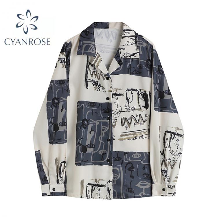 all in one place בגדי נשים Women Long Sleeve Blouse Harajuku Pattern Print Single Breasted Turn-down Collar Autumn 2021 Fashion Loose Shirt Vintage Tide