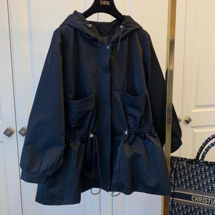 all in one place בגדי נשים Black Coat Spring New 2021 Drawstring Ruffle Casual Sports Style Loose Hooded Windbreaker Female