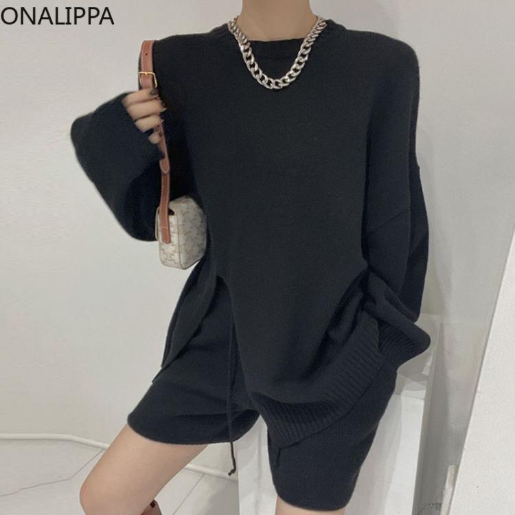 all in one place בגדי נשים ONALIPPA Pants Set Ladies 2021 Autumn Korean Chic Lazy Round Neck Long-Sleeved Knitted Sweater High-Waist Drawstring Trousers