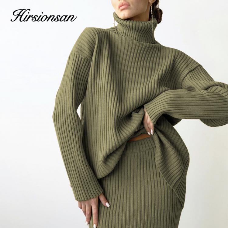 all in one place בגדי נשים Hirsionsan Elegant Knitted Sets Women 2021 New Casual Two Pieces Turtle Neck Sweater and Midi Skirt Female Warm Suits with Skirt