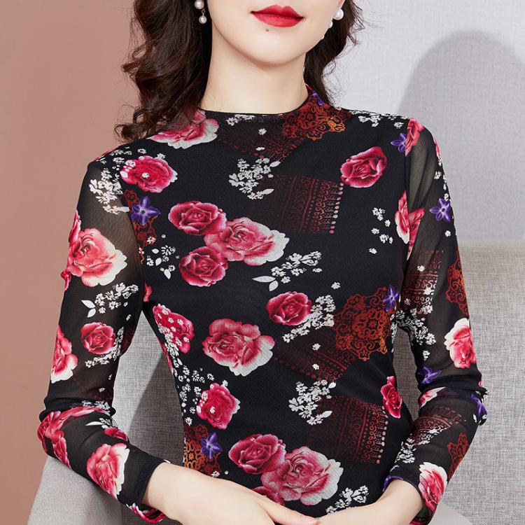 all in one place בגדי נשים Elegant Slim Women's T-Shirt Blusas Fashion Women Clothing Long Sleeve Print Mesh Turtleneck Tops M-4XL Plus Size