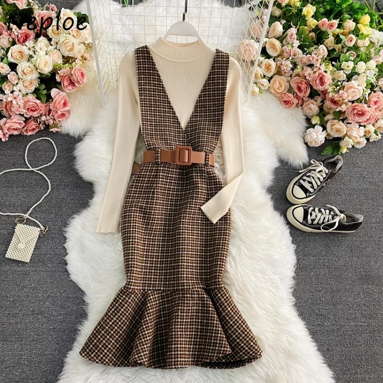 all in one place בגדי נשים Neploe Autumn 2021 Office Lady Dress Sets Women Outerwear Plaid Woolen Trumpet Dresses + Knitted Bottoming Shirt Two-piece Suits