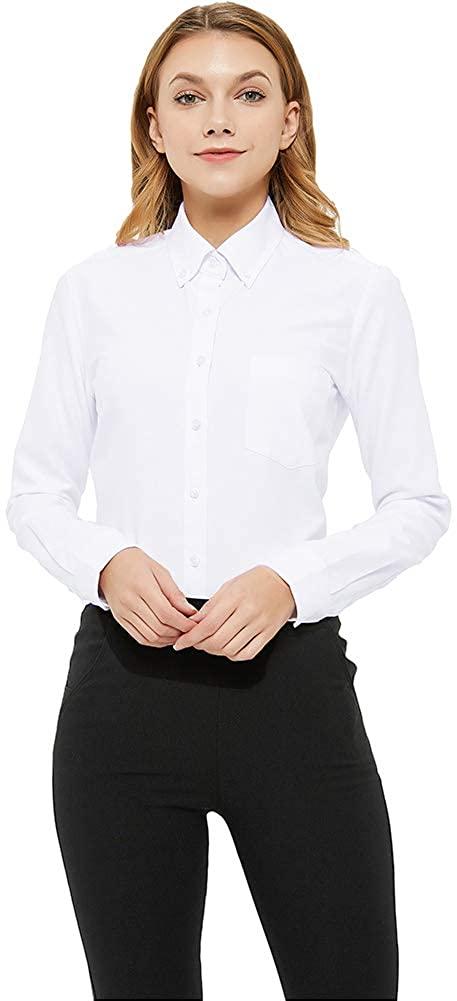 all in one place בגדי נשים MGWDT Button Down Shirt Women Long Sleeve Blouse Oxford Shirt Classic-Fit Cotton Tops Wrinkle Resistant(2XS-3XL)