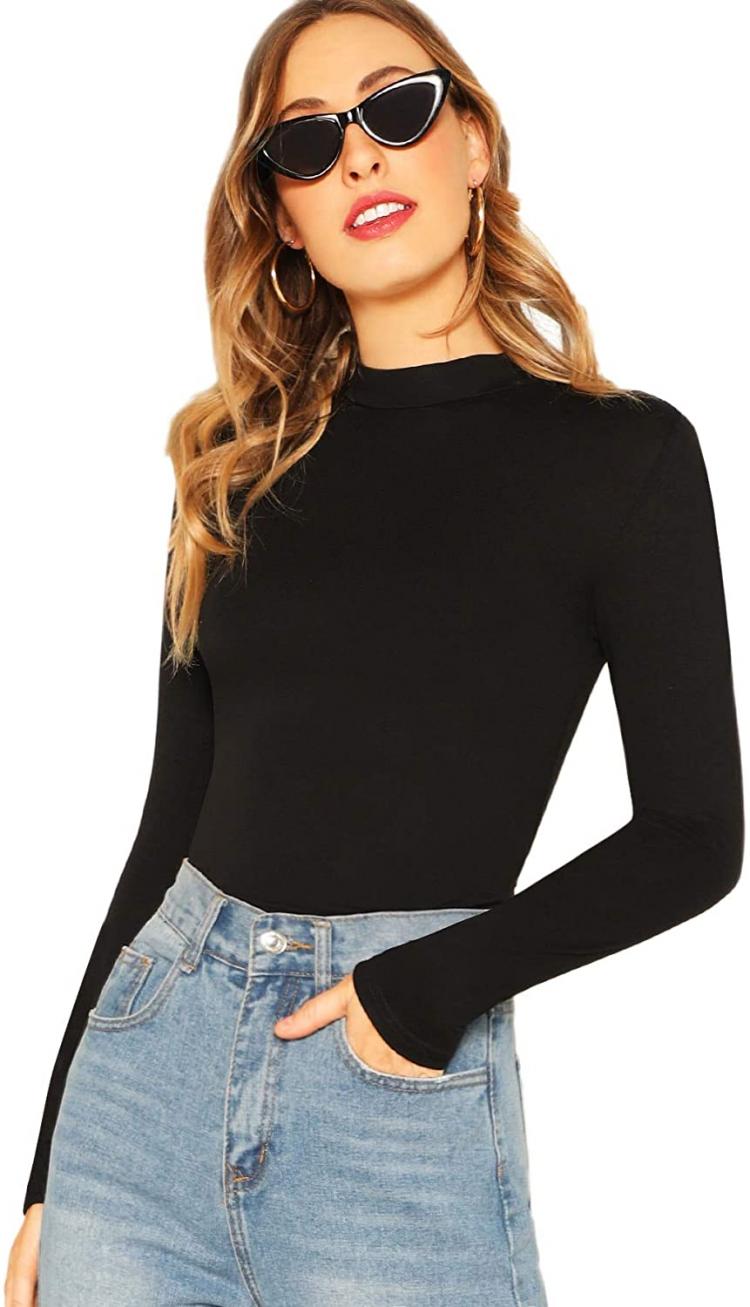 all in one place בגדי נשים Verdusa Women's Basic Mock Neck Slim Fitted Long Sleeve Pullovers Tee Tops
