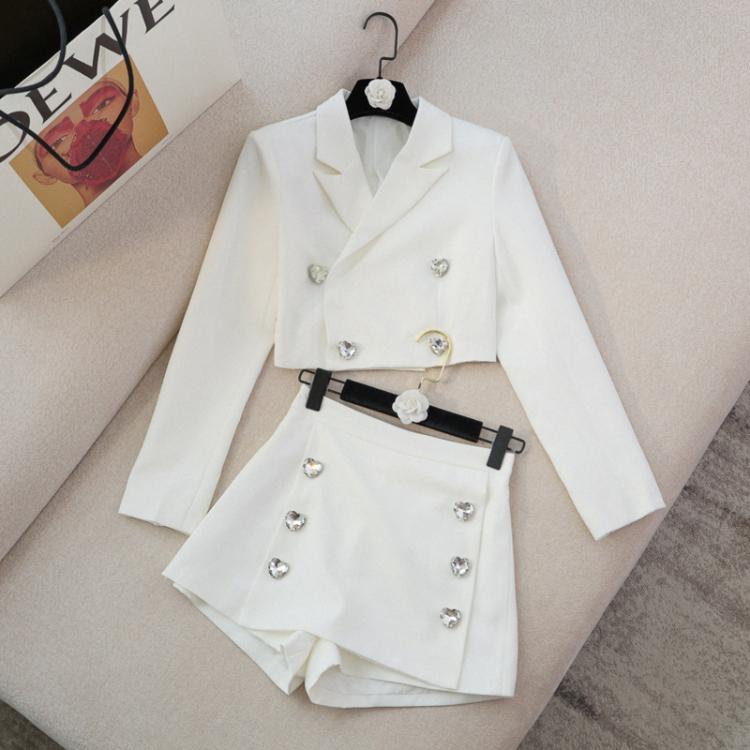 all in one place בגדי נשים Autumn Small Fragrance Two Piece Set Women Crop Top Short Blazer Coat + High Waist Shorts Sets High Street 2 Piece Pant Suits